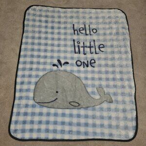 HB Hudson Baby Blanket Blue White Plaid Gray Whale Hello Little One 30x36 SOFT